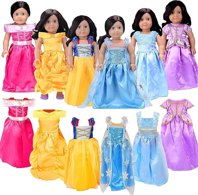 18 inch Doll Clothes Accessories -6Pcs Different Princess Costume Gift Fits All 18-inch Dolls Across Brands