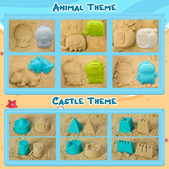 TOY Life 29 Pcs Dinosaur Beach Toys Sand Toys Toddlers with Castle Bucket Shovels & Sand Castle Building Kit Molds, Sandbox Toy Travel, Beach Party, Fishing, Summer Toy Activities