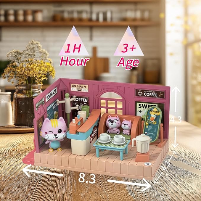 Koko's Cat Town DIY Miniature House Kit,Tiny House Cafes Building Kit,Dollhouse for 3 and up, Dollhouse Building Kit with Cats,Cat Toys Gift for Teens Kids Ages 3+