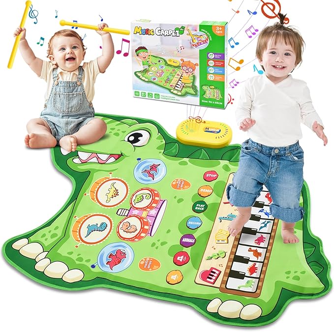 Cyiecw 3-in-1 Dinosaur Musical Mat, Piano Drum Play Mat Gifts for 1 2 3 Year Old Girls, Sensory Early Educational Musical Learning Toys for Baby Boys, Birthday Gift for Toddlers 1-5 Years Old