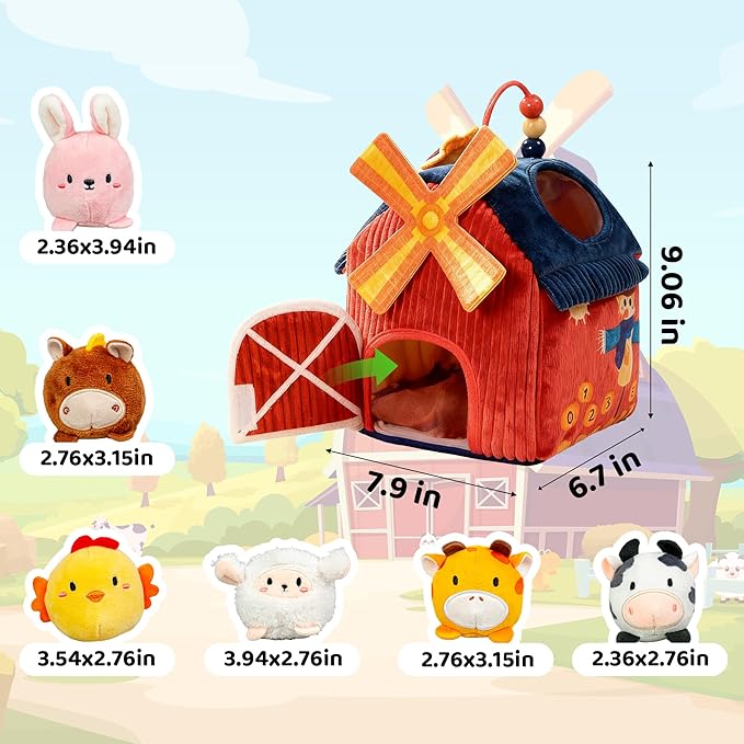 brenzo Baby Toys 6-12 Months, Montessori Sensory Playset Babies 0-3, Open The Barn Door to Fun, Tummy Time Companion w/ 6 Farm Animals , Rattle, Crinkle, Squeaker & Mirror, Ideal Newborn Toddler Gift