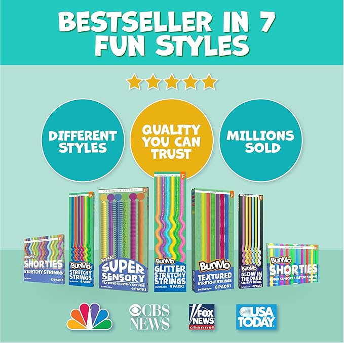 BUNMO Stocking Stuffers for Kids - Stretchy Sensory Strings - Sensory Toys for Kids - Stocking Stuffers for Boys and Girls - Hours of Fun - Glitter - 6 Pack