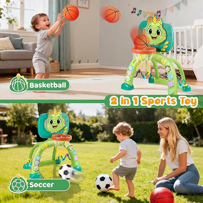 Toddler Basketball Hoop & Soccer Goal, Dinosaur Sports Play Toy Activity Center, Interactive Musical Sports Toys with Light, Christmas Birthday Gift for Boys Girls Age 1-3