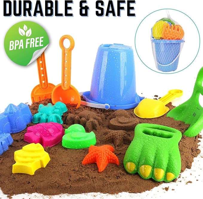 Liberty Imports 13 PCS Beach Sand Toys, Dinosaur Claw Hand Scoop Play Set with Bucket, Shovel Tools, Animal and Castle Sand Molds - Beach Sandbox Toys for Toddlers & Kids