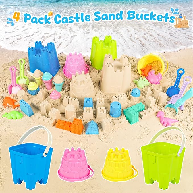 Beach Toys for Kids Toddlers, Sand Castle Toys with 4 Sand Bucket and Shovels, Mesh Bag & Molds, Ice Cream Travel Sandbox for Beach Sandbox for Toddlers Kids Baby Boys Girls Age 3-10