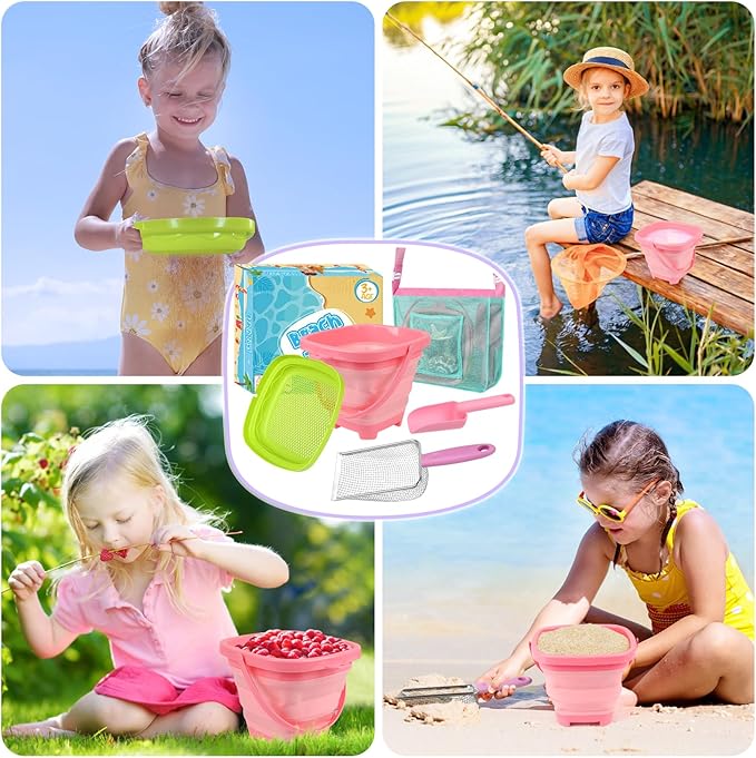 Beach Toys, Sand Toys with Collapsible Beach Bucket, Sand Sifter, Beach Mesh Shovel, Shark Tooth Sifter and Mesh Bag for Shell Collecting, Sand Dipper Beach Scoop for Kids Adults Boys Girls