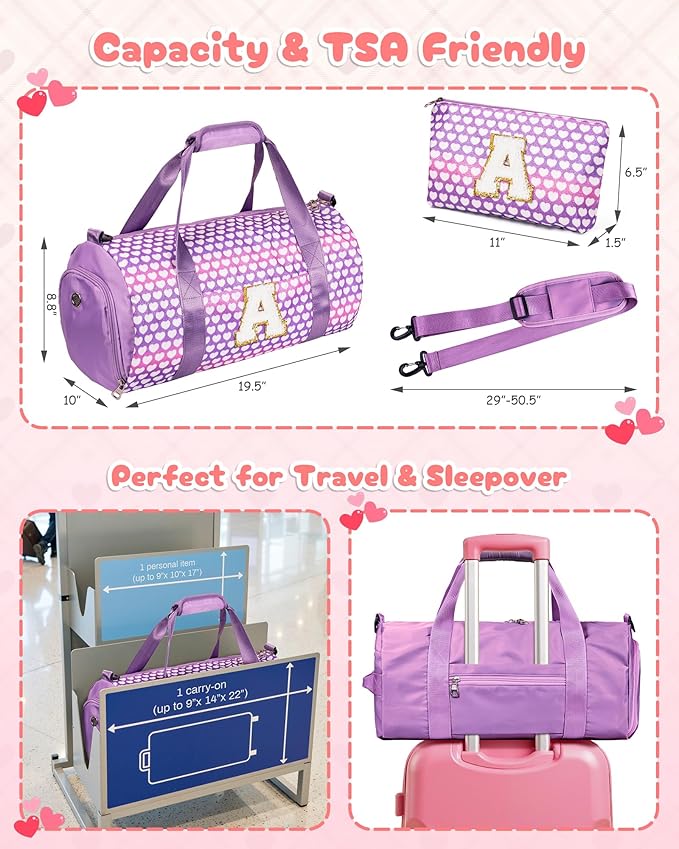 Gift for Grandkids, Girls Travel Duffel Bag, Kids Initial Overnight Bags with Shoe Compartment, Personalized Gym Ballet Dance Bag with Makeup Pouch, 3 4 5 6 7 Year Old Girl Gifts (Letter N)