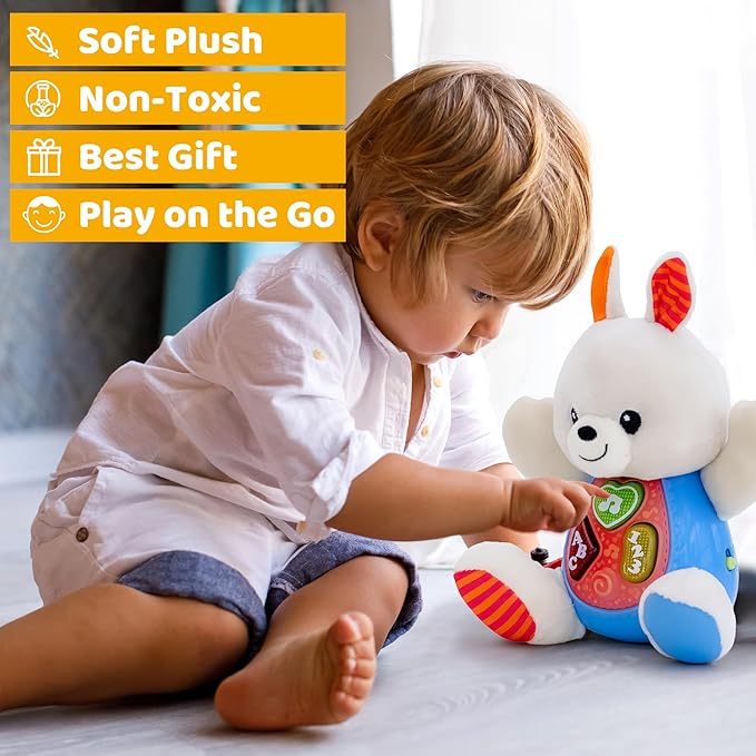 KiddoLab Bunny Plush Toy - Musical Stuffed Animal with 3 Light-Up Buttons, 8 Fun Nursery Rhymes & Sound Effects - Soft Basket Stuffer for Infants, Babies, and Toddlers Aged 3 Months +