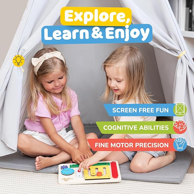 deMoca Sensory Busy Board for Toddlers, Premium Wooden Toddler Busy Board for 1 2 3 Year Old with 10 Educational Activities for Fine Motor Skills, Fidget Activity Toy for Travel Toy