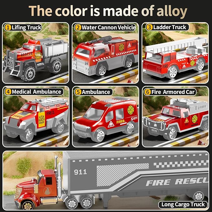 Fire Toys for 3 4 5 6 Years Old Boys Girls Kids, Die Cast Metal Fire Truck Toys W/Play Mat, Rescue Emergency Fire Truck Car Toy, Toddler Car Toy Christmas Birthday Gifts for Boys