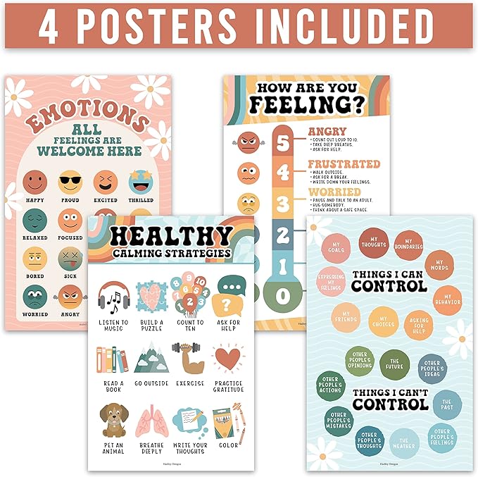 Hadley Designs Feelings Chart For Kids Ages 4-8 - Emotions Chart For Toddlers 3-5, Counseling Feelings Posters For Classroom Calming Corner, Social Emotional Learning Posters, Retro Classroom Decor