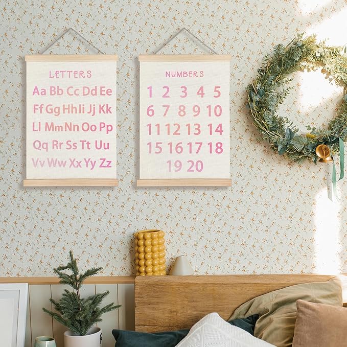 Supwhd Classroom Wall Decor, Numbers and Alphabet Educational Wall Art Poster, Alphabet ABC Numbers from 1 to 20 Poster Wall Decor for Toddler Kids Room Playroom Classroom, 12x16 Set of 2（Pink）