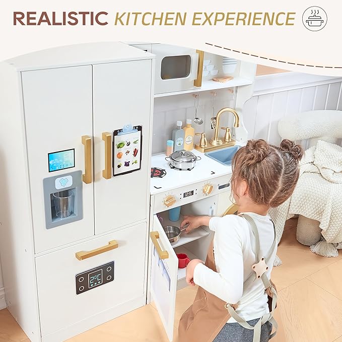 Kids Kitchen Playset with Realistic Design, Luxury Play Kitchen with Extended Storage Cabinets, Toy Kitchen for Toddlers with Coffee Counter, Cookware Accessories, Oven, Microwave (Soft White)
