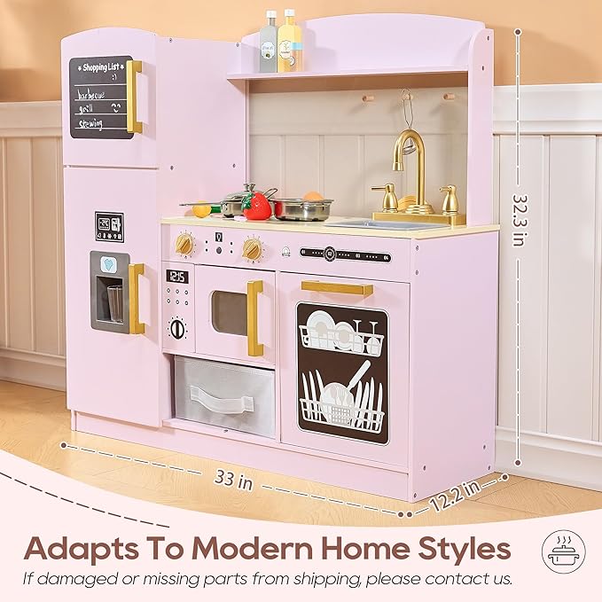 Play Kitchen Set for Kids, Wooden Kids Kitchen Playset with Real Lights & Sounds, Interactive Toy Kitchen with Felt Boxes for Storing Kitchen Utensils and Ice Maker Toy Accessories (Pale Pink)