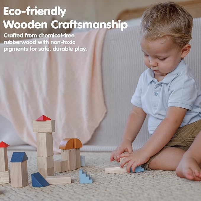 PlanToys® Creative Blocks Wooden Montessori Building and Imagination Toy in Orchard Shade | Fine Motor, Spatial Reasoning and Early STEM Learning Activity | Eco Friendly Open Ended Play Set