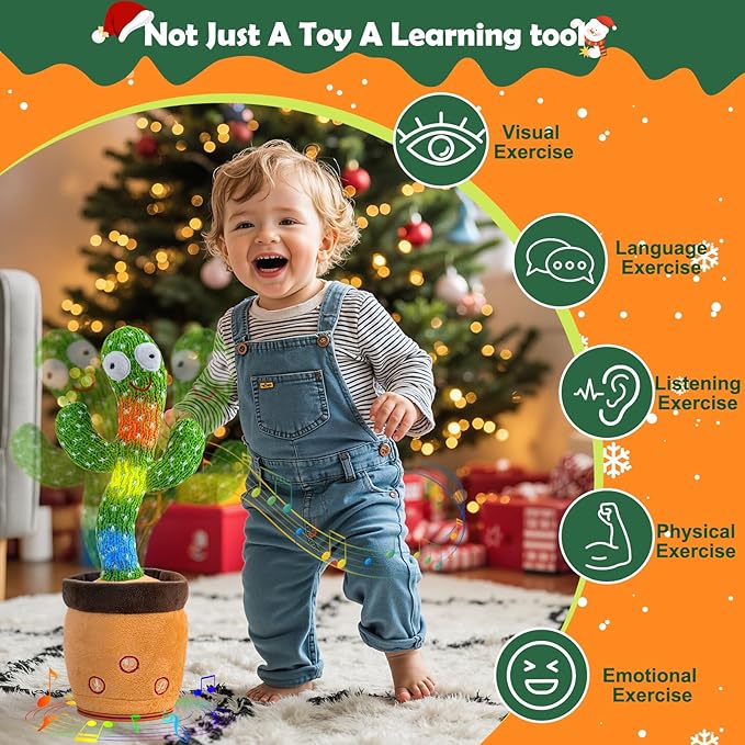 Rechargeable Dancing Talking Cactus Toy for Baby Toddler, Singing Mimicking Recording Repeating with 120 Songs, tummy time toys for Girls Boys, Birthday or Chirstmas Gifts, Stocking Stuffers for Kids