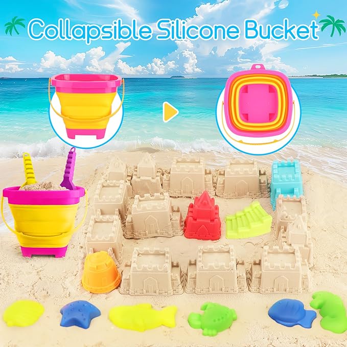 Beach Sand Toys for Kids: Sand Castle Toys with 2 Construction Trucks, Collapsible Beach Bucket, Shovel Set and Castle Builiding Kit, Sandbox Toys for Toddlers Girls Boys