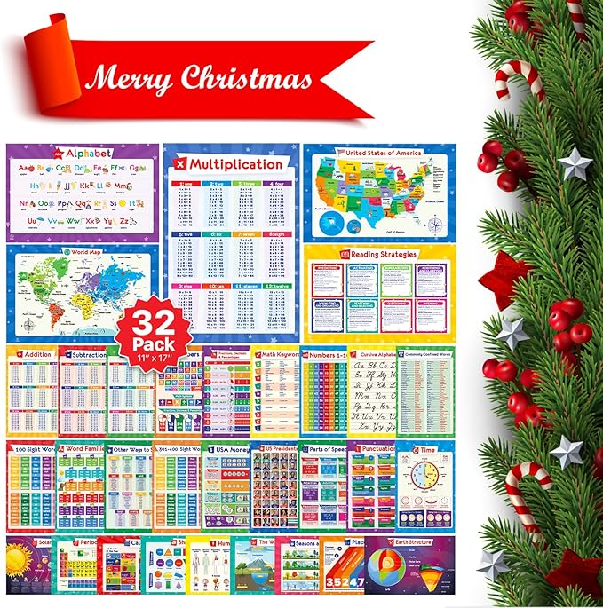 32 Set of 59 Colorful Educational Posters for Kids - 17x11, Multiplication Chart, Alphabet ABC Poster, Periodic Table, USA, World Map, Classroom Posters, Homeschool Supplies - Laminated & Flat, 17x11