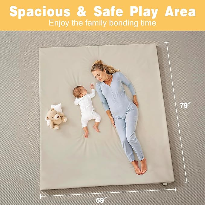 Padded 79" ×59" Large Baby Play Mat for Floor, 1.2" Thick Memory Foam Playmat with Soft Vegan Leather Cover, Cushioned Play Mat for 71" x59" Playpens, Grey