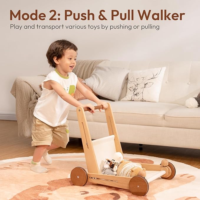 Woodtoe Wooden Baby Walker, 4-in-1 Montessori Baby Push Walker, Adjustable Speed Baby Push Toys, Wood Balance Bike, Educational Learning to Walk Christmas Toys for Toddler 1 2 3, 1st Birthday Gift