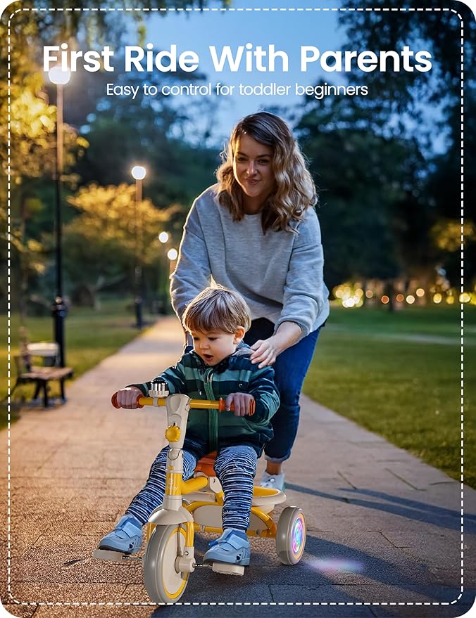 besrey Colorful Lighting Toddler Tricycle for Ages 18 Months to 5 Years, Toddler Bike with Bell, Kids Tricycle, Gift for 2-5 Year Olds, Toy for Boys and Girls, Tricycle for Toddlers, Yellow