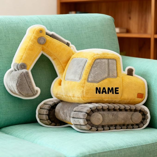 Custom Excavator Shaped Pillow for Kids Cute Personalized Name Plush Doll, Double-Sided Construction Engineering Vehicle Pillow for Kids, Birthday gifts for Boys and Girls Sofa Decorative Pillows