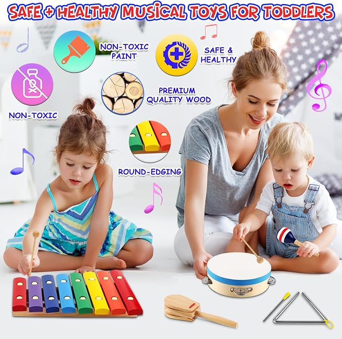 LOOIKOOS Kids Musical Instruments Montessori Wooden Toys for Toddlers,Percussion Instruments Set for Kid Preschool Educational Musical Toys for Boys and Girls Gifts