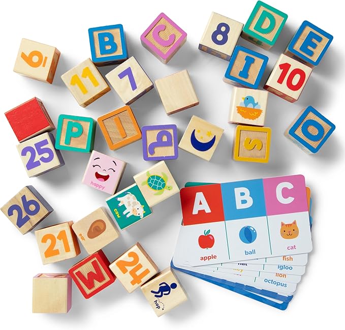 Ms. Rachel Melissa & Doug Letter, Number, and Game Wooden Learning Blocks with Activity Cards for Girls and Boys Toddlers Ages 18 Months+ - FSC Certified