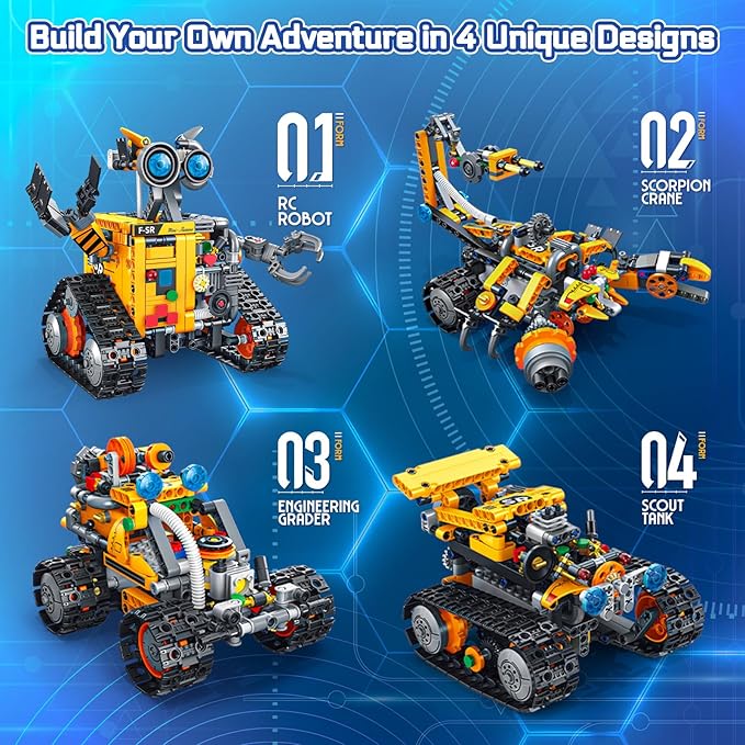 Robot Building Kit for Kids and Adults, 4-in-1 Rechargeable RC Robotics Kit with Remote & App Control, STEM Coding Toys & Science Projects, Birthday Gifts for Boys Ages 8-12+ (588 Pcs)