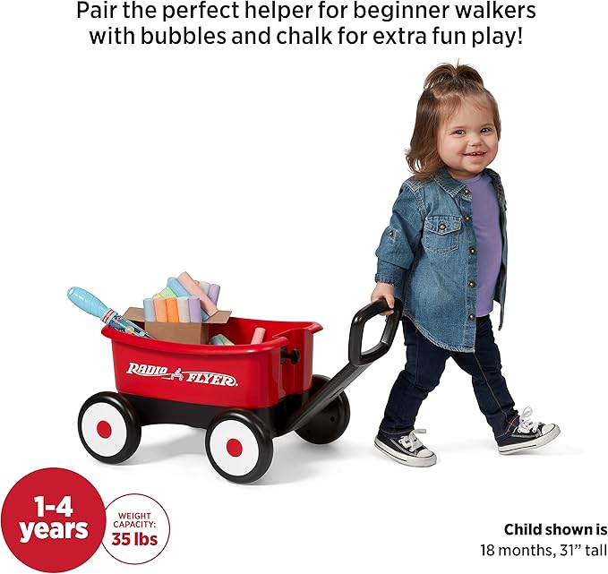 Baby Walker Wagon, Baby Toy Cart, Toddler Toys 1-2, Radio Flyer Summertime Fun My 1st Wagon for Kids, with Bubbles and Chalk, for Ages 1-4 Years, Red