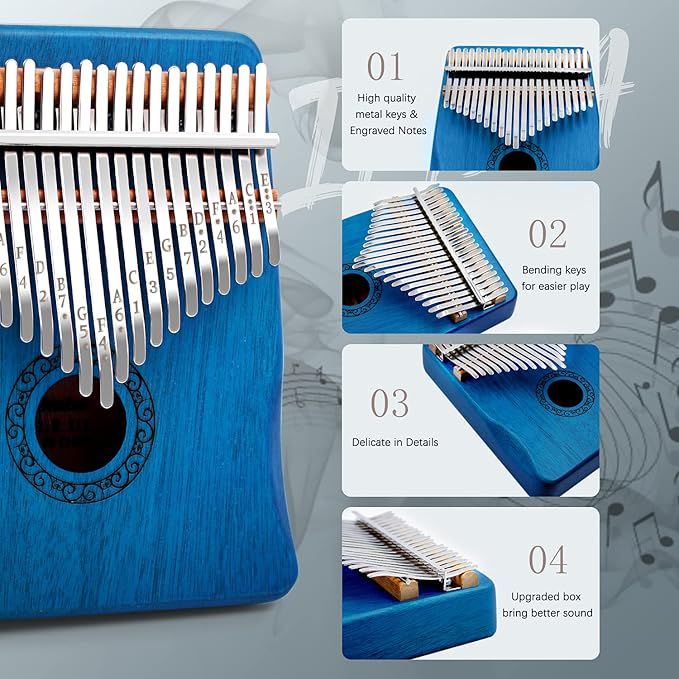 Kalimba Thumb Piano,YUNDIE Portable 21 Keys Mbira Finger Piano with Tune Hammer and Study Instruction,Musical Instruments Gift for Adult Beginners Professional(Blue)