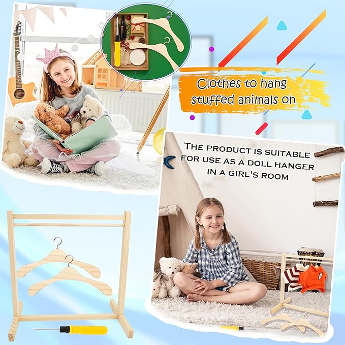 26 Pcs Wood Doll Garment Rack with Wooden Clothes Hanger Mini Wooden Girl Doll Clothes Hanger Organizer Storage Shelf for 18 Inch Girl Doll Clothes Baby Dollhouse (Color Set 1)