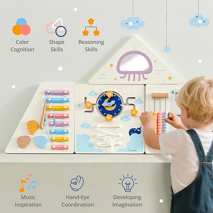 Tangram Activity Wall Busy Board Panels, 12-in-1 Learning Activity Center, Wooden Montessori Sensory Toys for Toddler Playroom, Nursery, Daycare, Classroom, Dentist Waiting Room