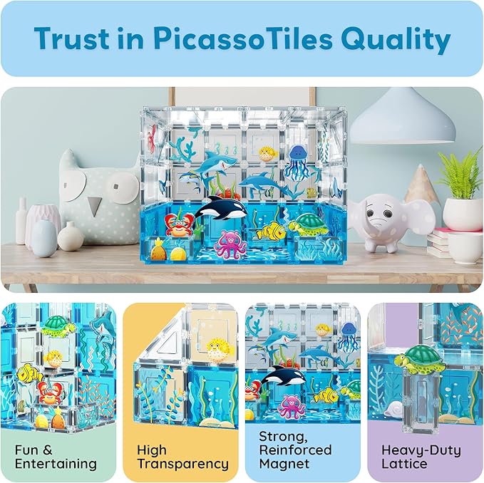 PicassoTiles Magnet Tiles Magnetic Building Blocks Aquarium Marine Animal Theme Set with 8 Character Action Figures Shark Crab Turtle STEM Toys Construction Preschool Toddlers Kids Boys Girls 3+ PTQ15