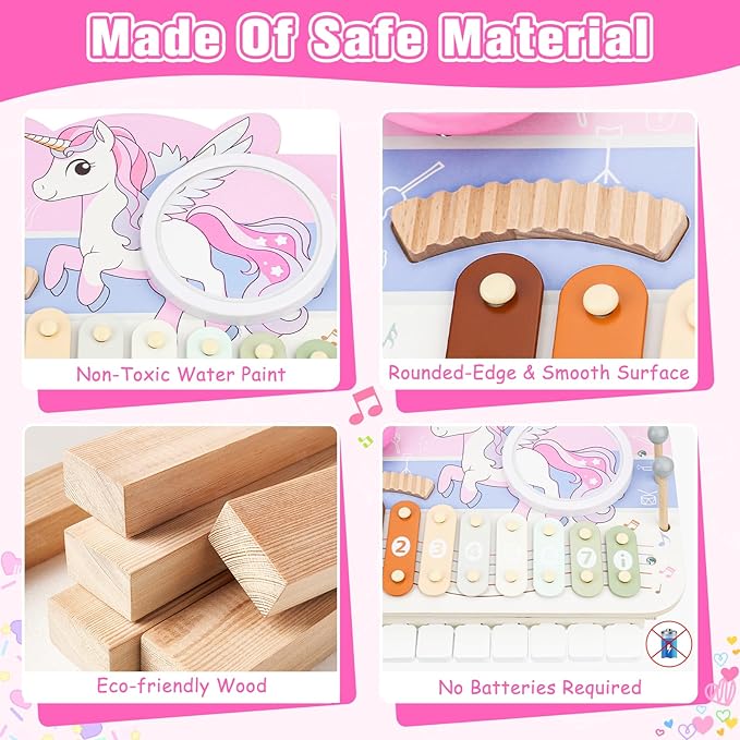 Kids Piano Musical Toys - 5 in 1 Wooden Music Instruments Montessori Toys for Baby Toddler, Sensory Toys with Drum Xylophone, Preschool Educational Toys, Birthday Gifts for Girls Boys Pink