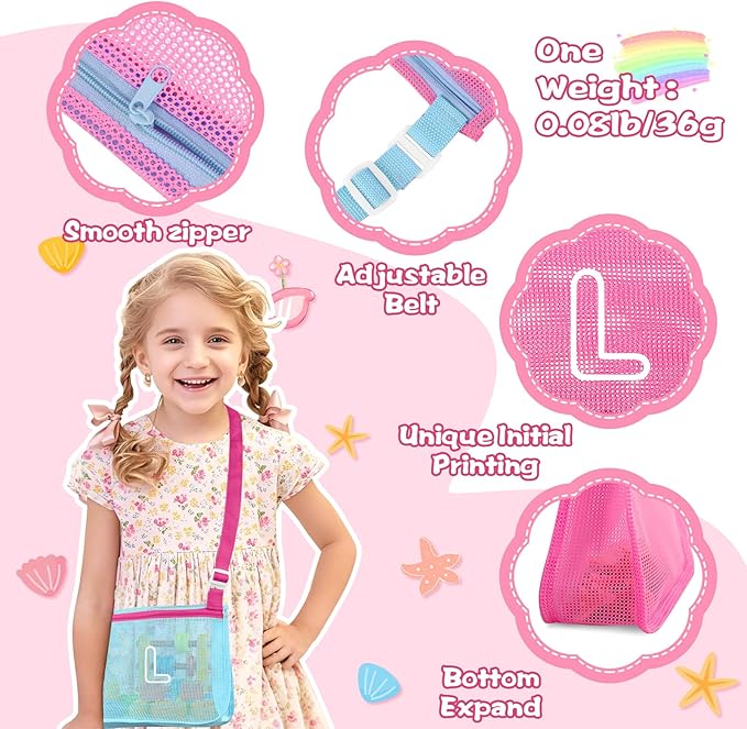 3Pcs Personalized Kids Beach Shell Bag, Initial Seashell Mesh Zipper Beach Pouch, Shell Collecting Bag for Holding Shells with Adjustable Straps, Sand Toys Swim Pouch Gift for Girl Boy Teens(Letter L)