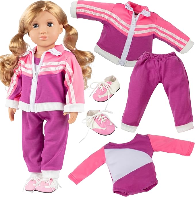 Gymnastics Doll Outfit for 18" Dolls (4 Piece Set) -Sports Premium Costume Handmade Clothes and Accessories Include Leotard, Warm-Up Pants & Jacket, Sneakers-Sports Apparel for Doll, Gift for Girls
