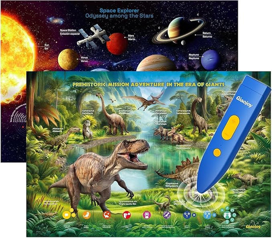 Bilingual Interactive for Kids Talking Dinosaur & Space Poster for Kids Learning and Educational Toys,Talking Educational Dinosaur Toy for Ages 3 to 12 Years Old,Space Theme Wall Decor for Preschool