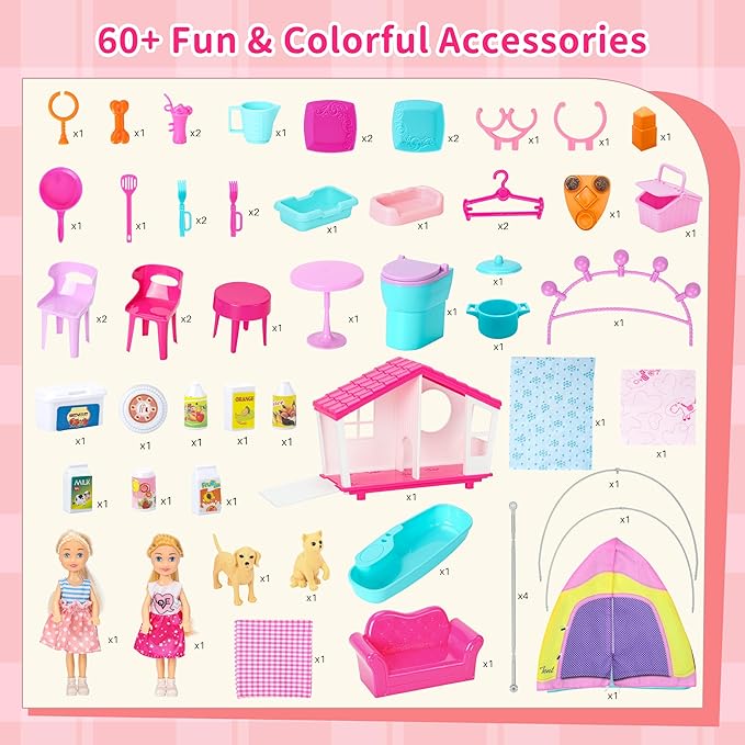 Doll House Portable & Foldable Dollhouse w/ 60+ Pcs & 2 Dolls, Play House Toy with Bedroom Kitchen Pet House Camping Playset, Playhouse Birthday Gift for Girl Kid Toddler