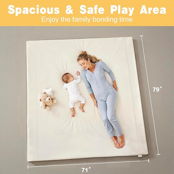 Padded 79" ×71" Large Baby Play Mat for Floor, 1.2" Thick Memory Foam Playmat with Soft Vegan Leather Cover, Cushioned Play Mat for 71" x59" Playpens, Beige