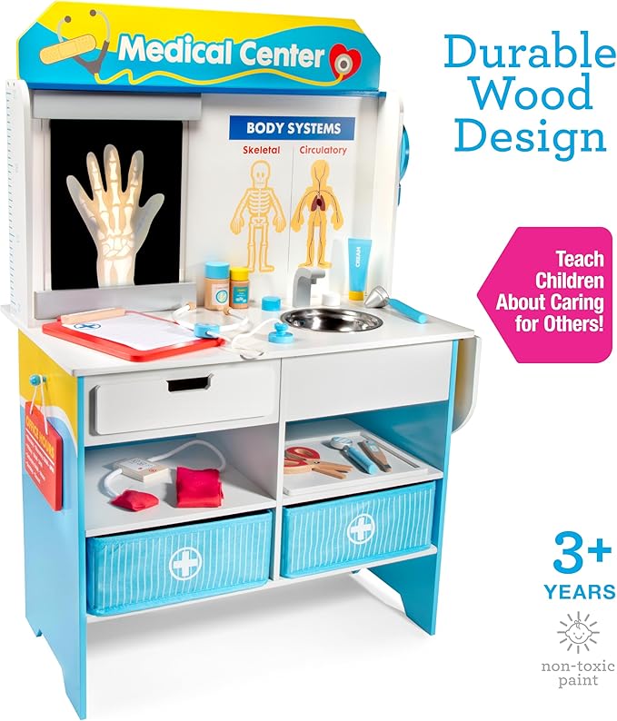 Get Well Doctor Wooden Activity Center- Kids Pretend Play Medical Playset w Waiting Room- 16 Accessories, Dual Sided, Office Checkup Kit, X-Rays, Blood Pressure Cuff- Boys Girls Roleplaying Xmas Gift