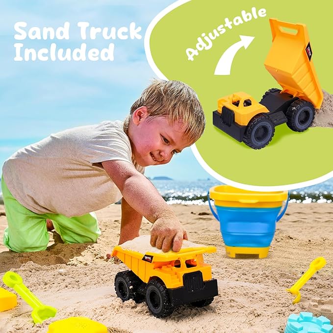 Beach Sand Toys for Toddler 1-3 with Trucks, 2 Collapsible Beach Toys for Kids Ages 4-8, Sandbox Toys for Toddler, Collapsible Beach Sand Buckets with Castle Sand Molds Shovels