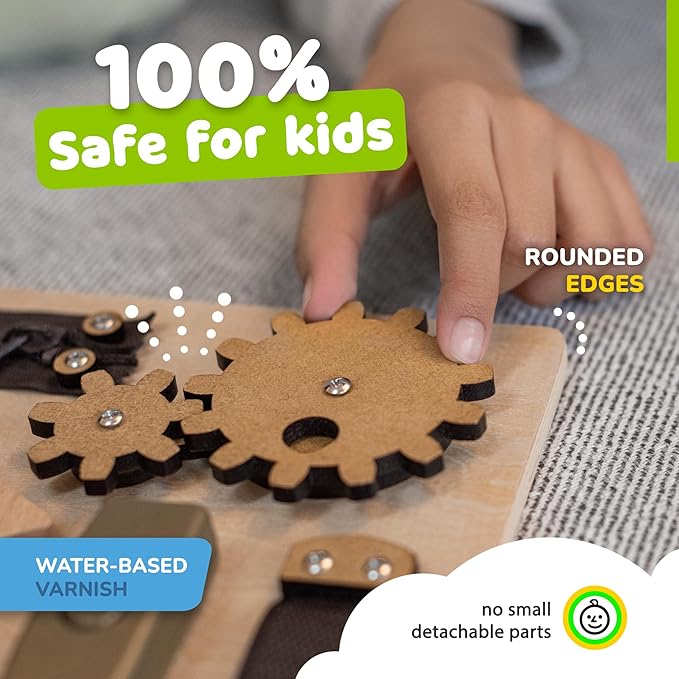 deMoca Sensory Busy Board for Toddlers, Premium Wooden Toddler Busy Board for 1 2 3 Year Old with 10 Educational Activities for Fine Motor Skills, Fidget Activity Toy for Travel Toy