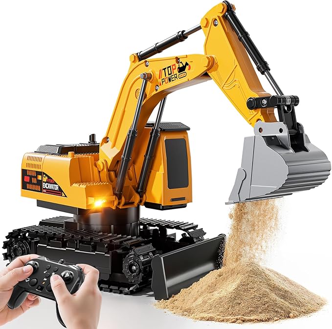 Remote Control Excavator Toys for Boys Age 6-12, 11CH 2.4Ghz RC Sand Digger with Metal Shovel Lights/Sounds, Construction Truck Toys for Boys 3 4 5 6 7 8 9 10 11 12 Year Old Kids