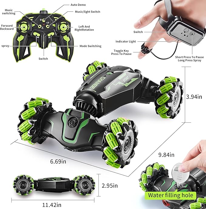 4WD Remote Control Gesture Sensor Car,Hand Controlled RC Stunt Car,Double-Sided Vehicle 360° Rotation with Light and Music Spray, Watch Toy Cars for Boys & Girls Birthday