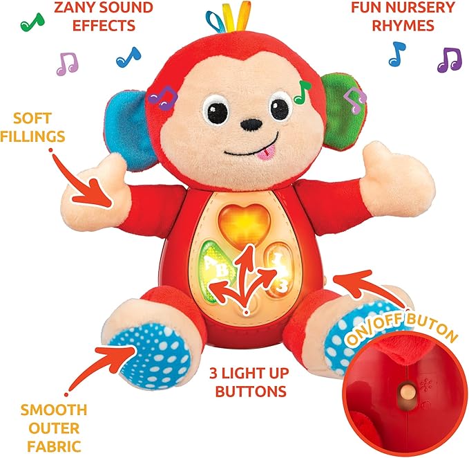 KiddoLab Musical Monkey Plush Toy - Soft Stuffed Animal with Light-Up Buttons and Melodic Nursery Songs for 3+ Month Old Babies