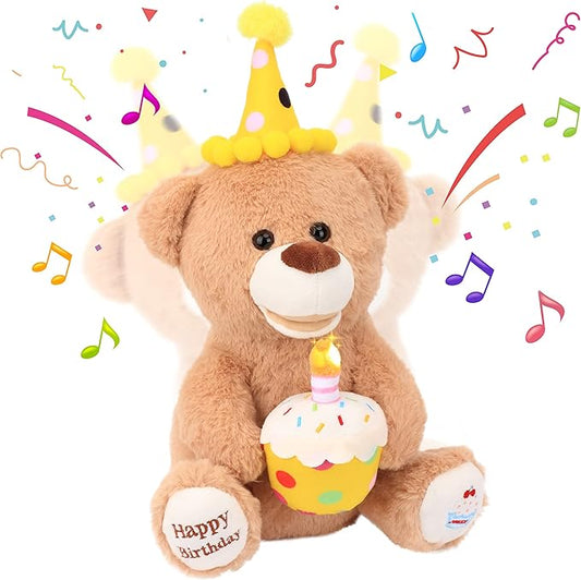 Hopearl Adorable Happy Birthday Teddy Bear with Glowing Cupcake Musical Stuffed Animal Bear Singing and Shaking Plush Toy Interactive Animated Kids Gifts, Brown, 15’’