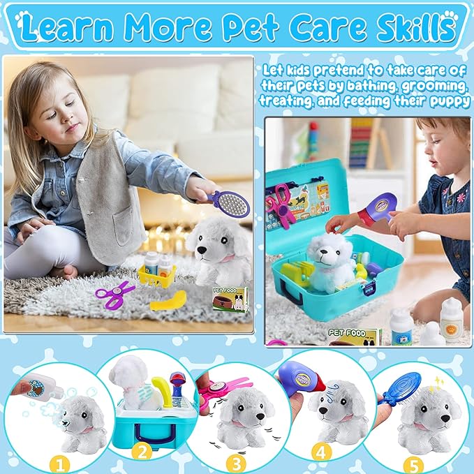 TEUVO Pet Care Playset, 16Pcs Kids Doctor Kit with Plush Dog & Backpack for Dog Grooming & Feeding, Pet Doctor Pretend Play Toys for 3 4 5 6 7 Years Old Girls Boys Birthday