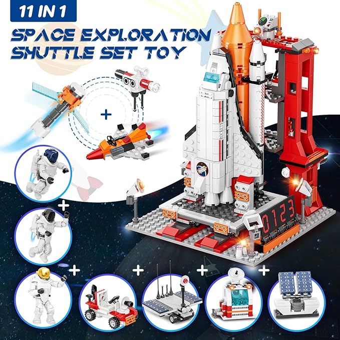 Space Exploration Shuttle Toys, 12-in-1 STEM Aerospace Building Kit Toy, Rocket Building Kit Toy with Launcher, Astronauts, Airplane Rocket, Gift for 6 7 8 9 10 11 12+ Years Old, 855 Pcs