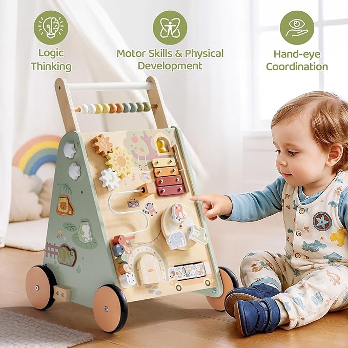 ROBOTIME Baby Walking Toy, Adjustable Speed & Height Wooden Baby Walker Push Toy, Montessori Toddler Push Toy with Brake, Storage & Multi-Activity Play Center for 10M+ Kids (Forest Fairy Tale)